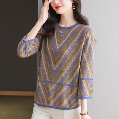 春秋洋气薄款七分袖桑蚕丝T恤女上衣时尚妈妈装宽松加大码针织衫