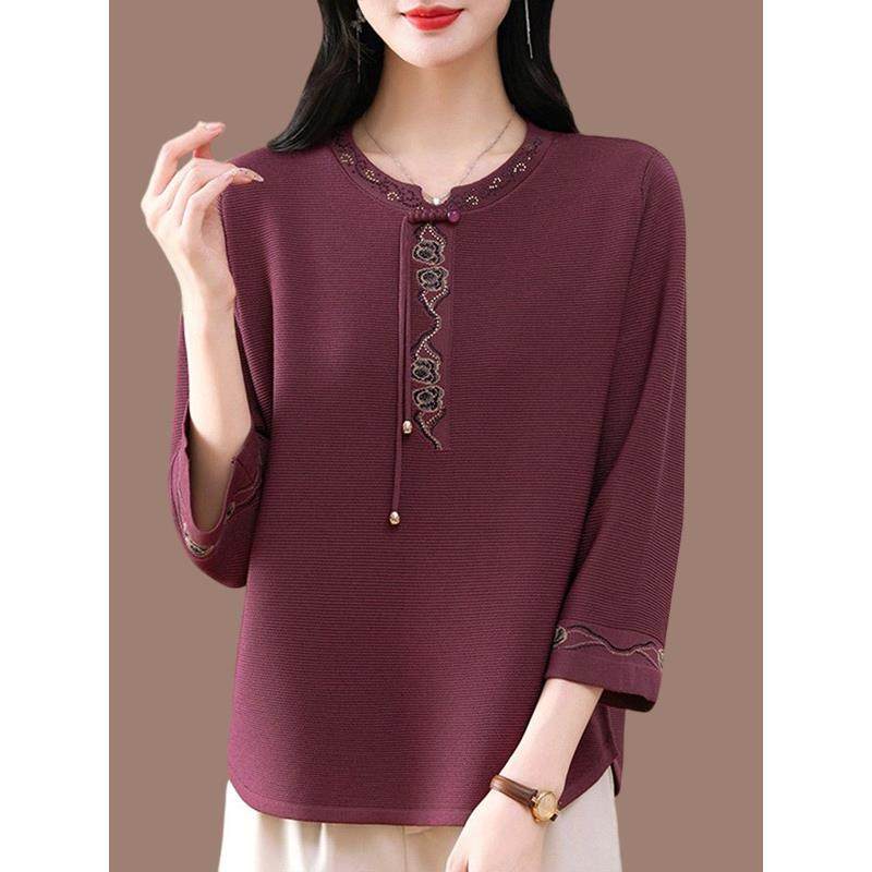 中老年妈妈秋装新款七分袖t恤时尚洋气上衣女中式国风高贵针织衫