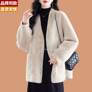 仿水貂绒毛毛外套女士秋冬2024新款中长款宽松加厚金貂绒开衫大衣