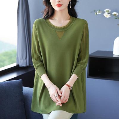胖妈妈加肥加大码长袖桑蚕丝t恤女遮肉中长款冰丝针织衫上衣薄款