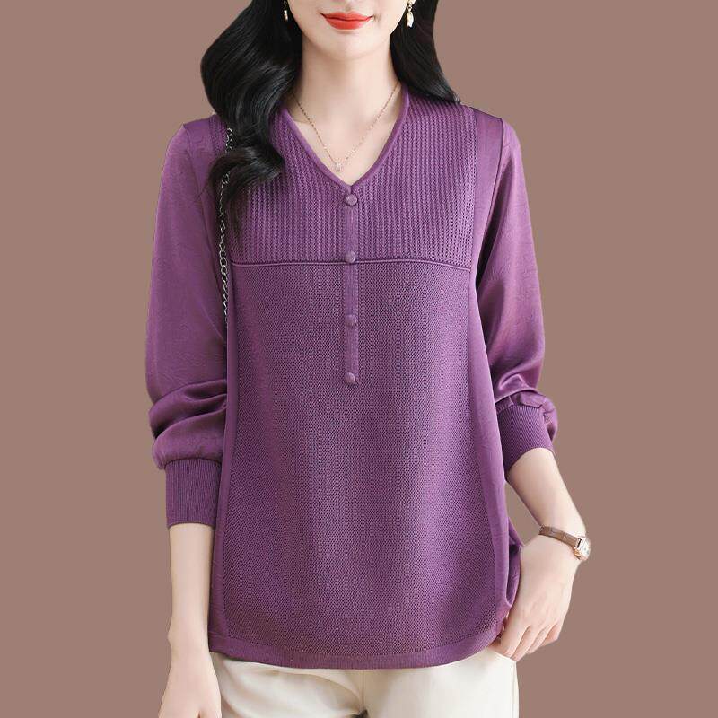 中年妈妈春装薄款洋气V领针织衫女宽松大码遮肚子冰丝长袖T恤上衣