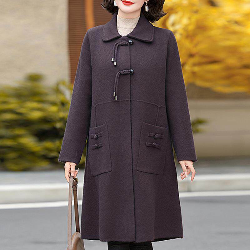 中老年秋冬大码中长款洋气外套女阔太太加肥大双面羊绒大衣妈妈装