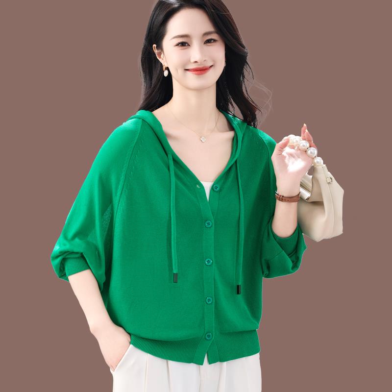 桑蚕丝连帽开衫卫衣女春夏季薄款冰丝针织上衣带帽衫外搭防晒外套