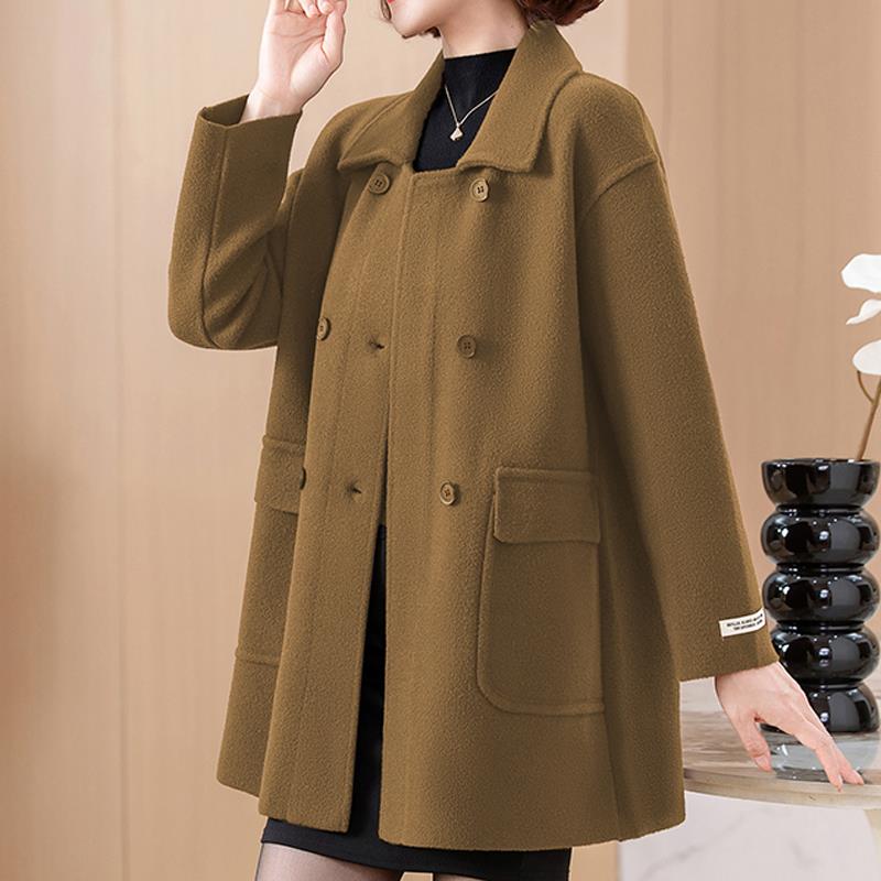 韩国风格宽松的母亲穿双面羊绒外衣妇女中长双排扣羊毛外衣，以覆