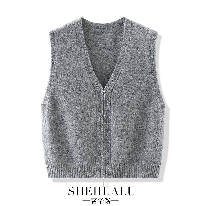 高级感拉炼纯羊毛针织马甲女款春秋2025新款外搭坎肩V领毛衣背心
