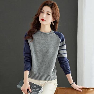 圆领毛衣女短款2025新款时尚妈妈高腰针织打底衫拼色爆款羊毛内搭