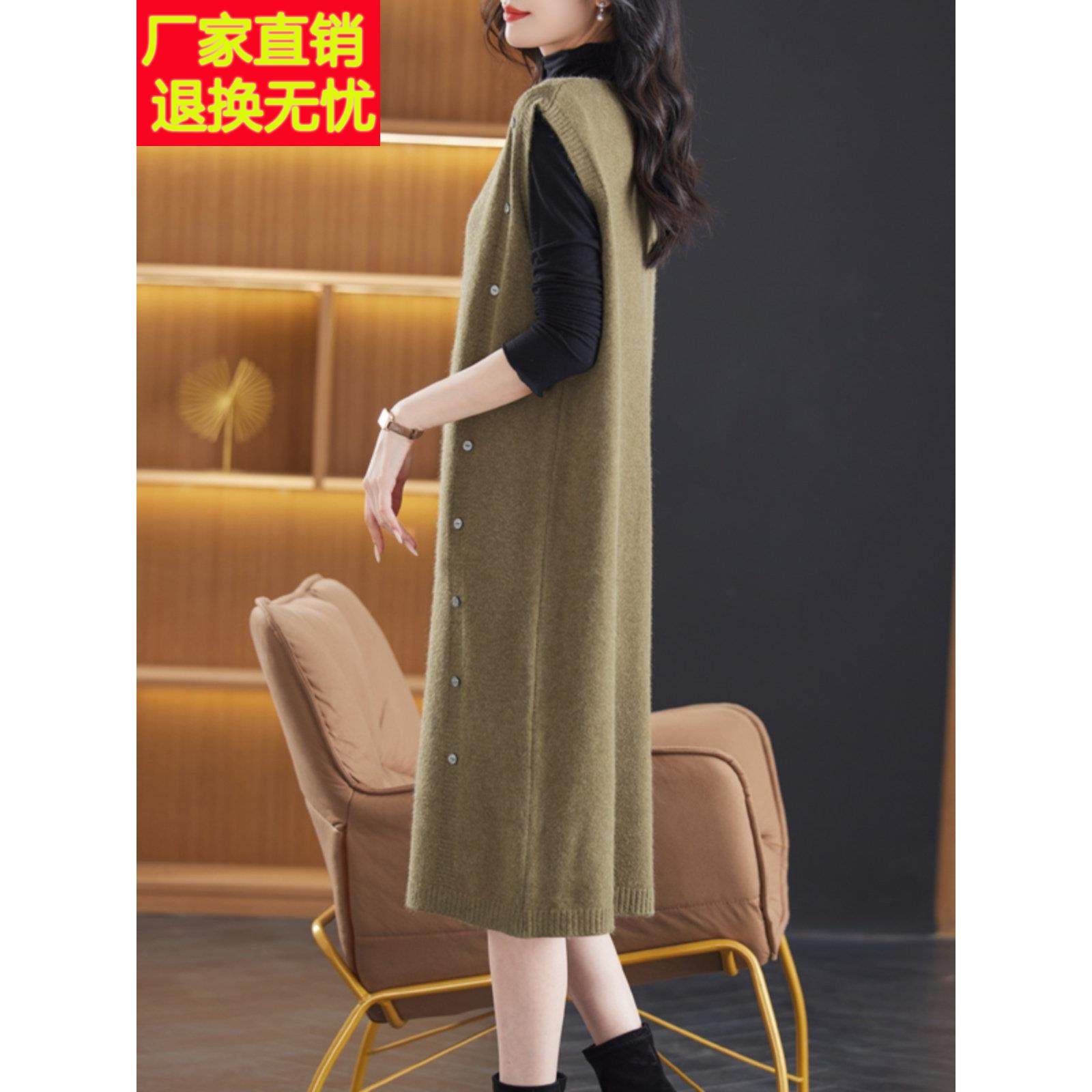 韩版中长款宽松马甲女v领针织连衣裙过膝无袖毛衣坎肩秋冬背心裙