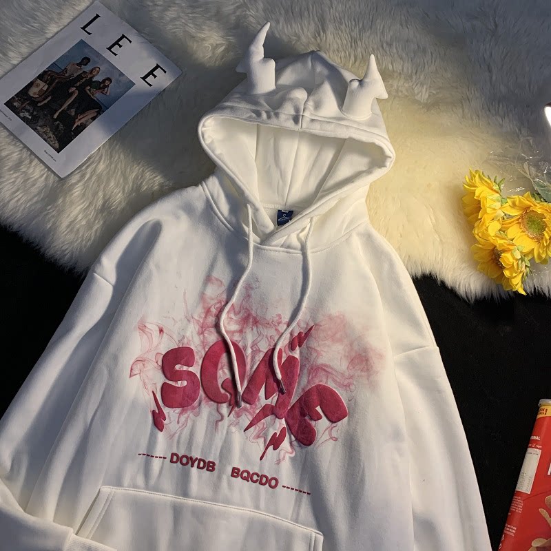 boo原创复古冬季印花恶魔带角甜酷男生加绒加厚连帽卫衣情侣装ins