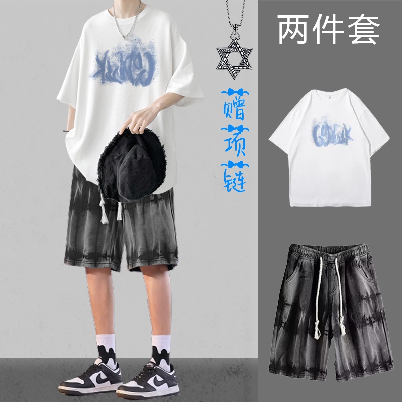 夏季痞帅炫酷短裤套装潮流T恤时尚一套搭配牛仔裤男装学生两件套