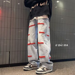 高街男阔腿裤 子oversize设计感拼色植绒刺绣牛仔裤 潮牌炸街裤 美式