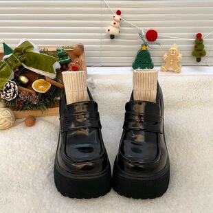 【万达撤柜】增高厚底小皮鞋女2026年新款粗跟高跟鞋8cm乐福鞋英