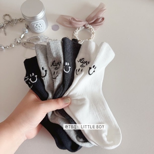 男女童黑白刺绣笑脸学院风纯棉运动袜子杠杠袜 春秋冬韩版 3双 包邮