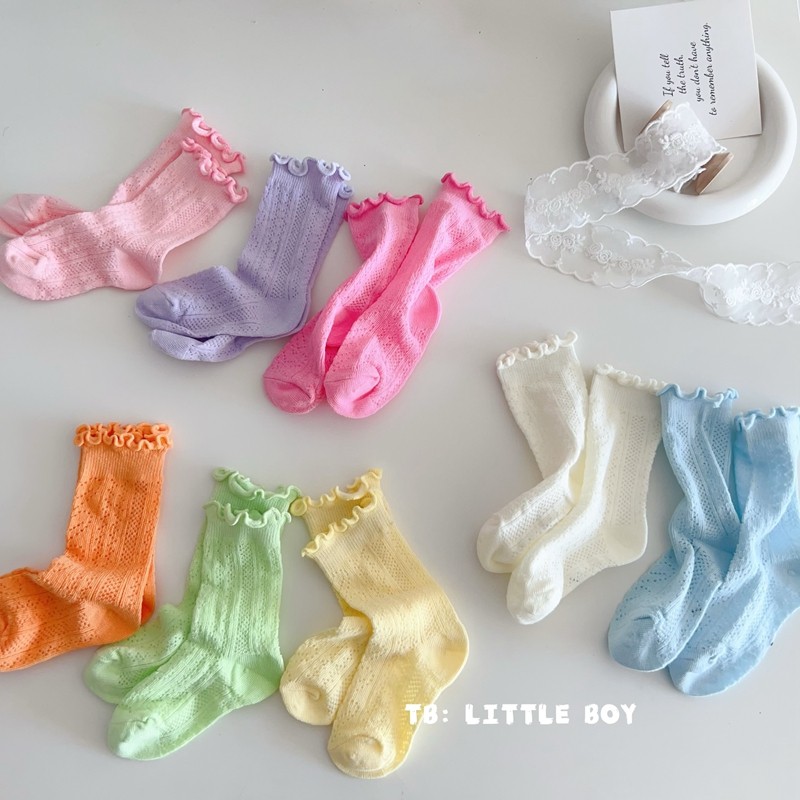 满3双包邮夏季女童韩版纯色糖果木耳卷边松口袜女宝宝镂空网眼袜