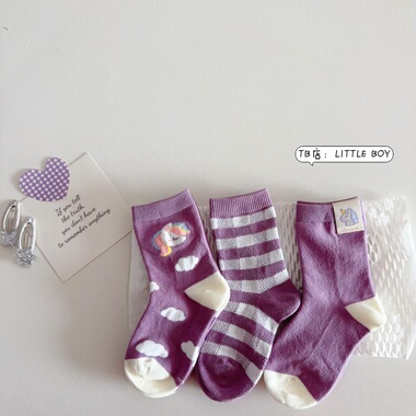 包邮-儿童袜子春秋款女童纯棉无骨紫色中筒袜女宝宝卡通快乐小马