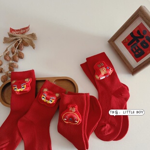 3双装 儿童过年红色袜子女男童本命年刺绣福袋宝宝可爱中筒冬 包邮