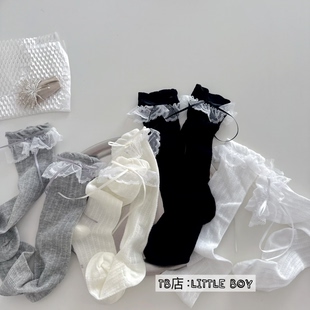 女童袜子春夏款 女宝超薄蕾丝花边网眼堆堆袜黑白长筒小腿袜 韩版