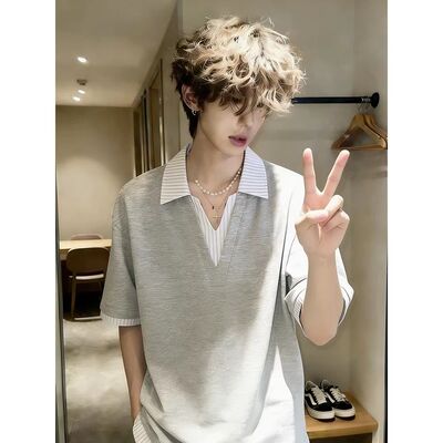 W443高质量夏季假两件衬衫短袖黑色灰色P34M到3XL