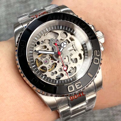 NH70机芯镂空机械男士手表红秒200米防水904L钢带陶瓷圈120卡40mm