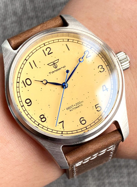 经典机械手表男士黄色表盘蓝宝石钢表壳NH35 PT5000 银针扣定制