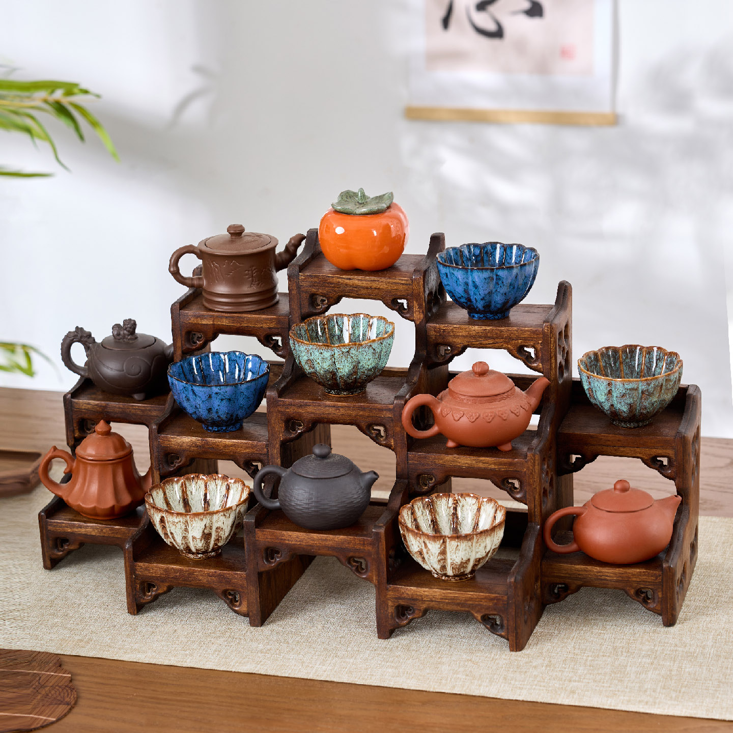 泰国木质茶具收纳架桌面多层图片