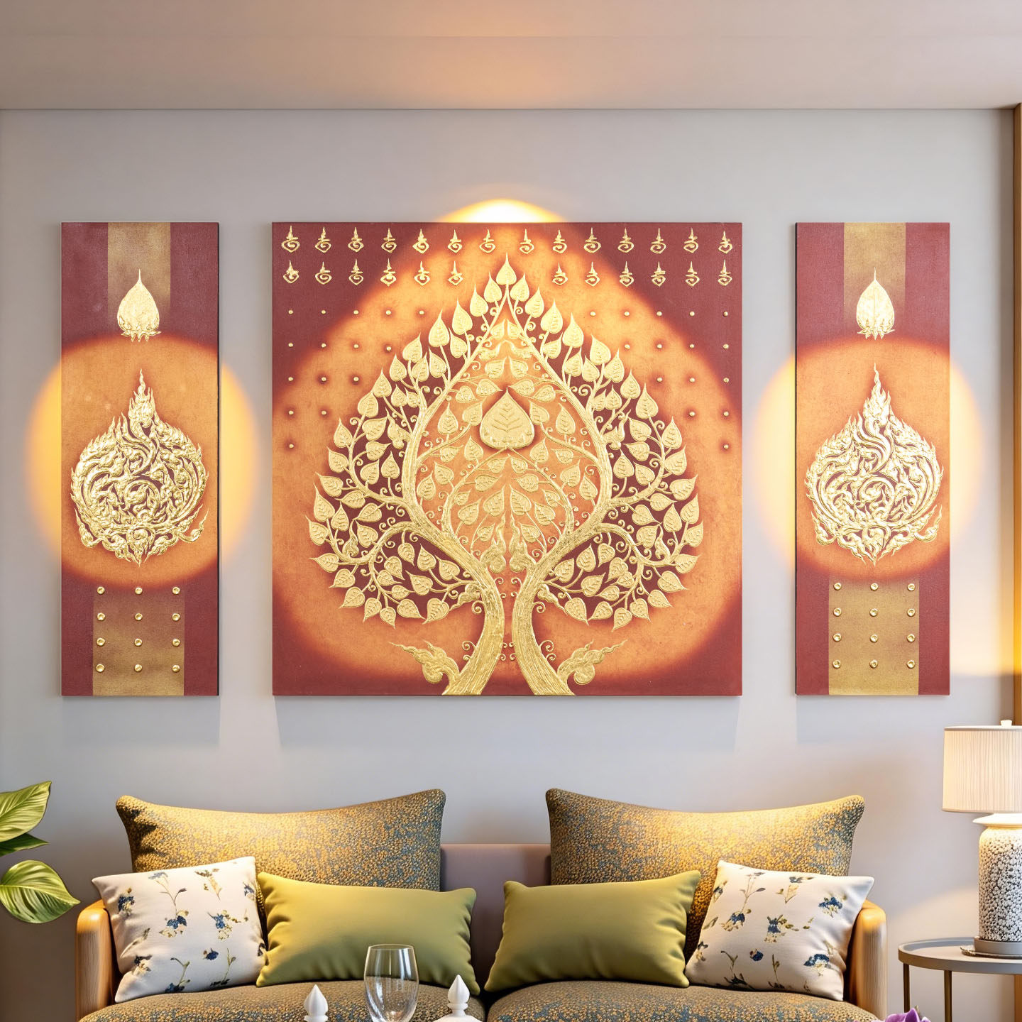 泰国禅意菩提树三联画复古客厅装饰画沙发背景墙画东南亚风格壁画