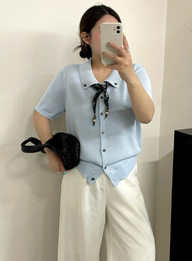 大码女装减龄polo领丝巾上衣女针织衫2026夏胖mm休闲短袖t恤