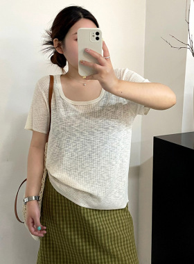 大码女装薄款方领短袖t恤女2026夏款胖mm百搭休闲宽松针织衫