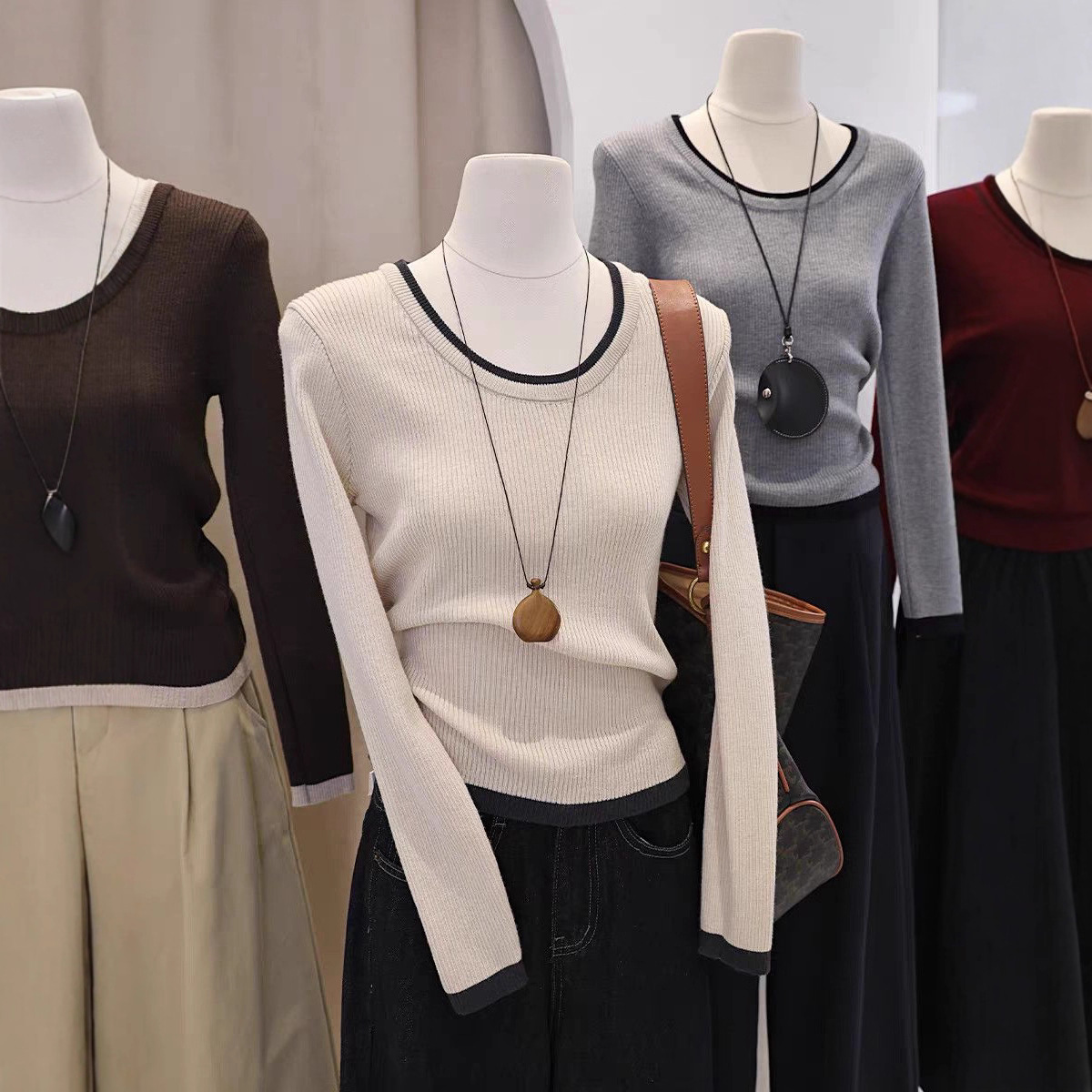 大码女装圆领撞色设计感针织衫秋季新款胖妹妹韩系长袖上衣