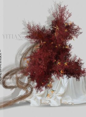 A198小众红色毛绒野生感天堂鸟竹编婚礼花艺效果图psd分层文件