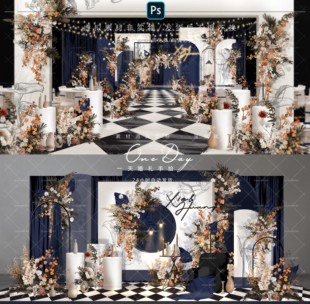 C050蓝白复古秋色美式 婚礼效果图 婚礼效果图ps文件蓝白色泰式