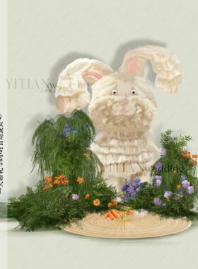 A195毛绒兔子宝宝宴卡通婚礼效果图psd分层文件野生感绿植婚礼