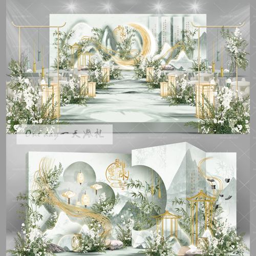 C029绿色新中式南洋风竹编中式婚礼效果图ps源文件绿色新中式订婚