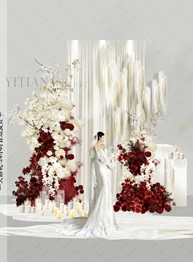 c246红白色婚礼布幔花艺拱门吊穗效果图花艺素材psd文件红白花艺