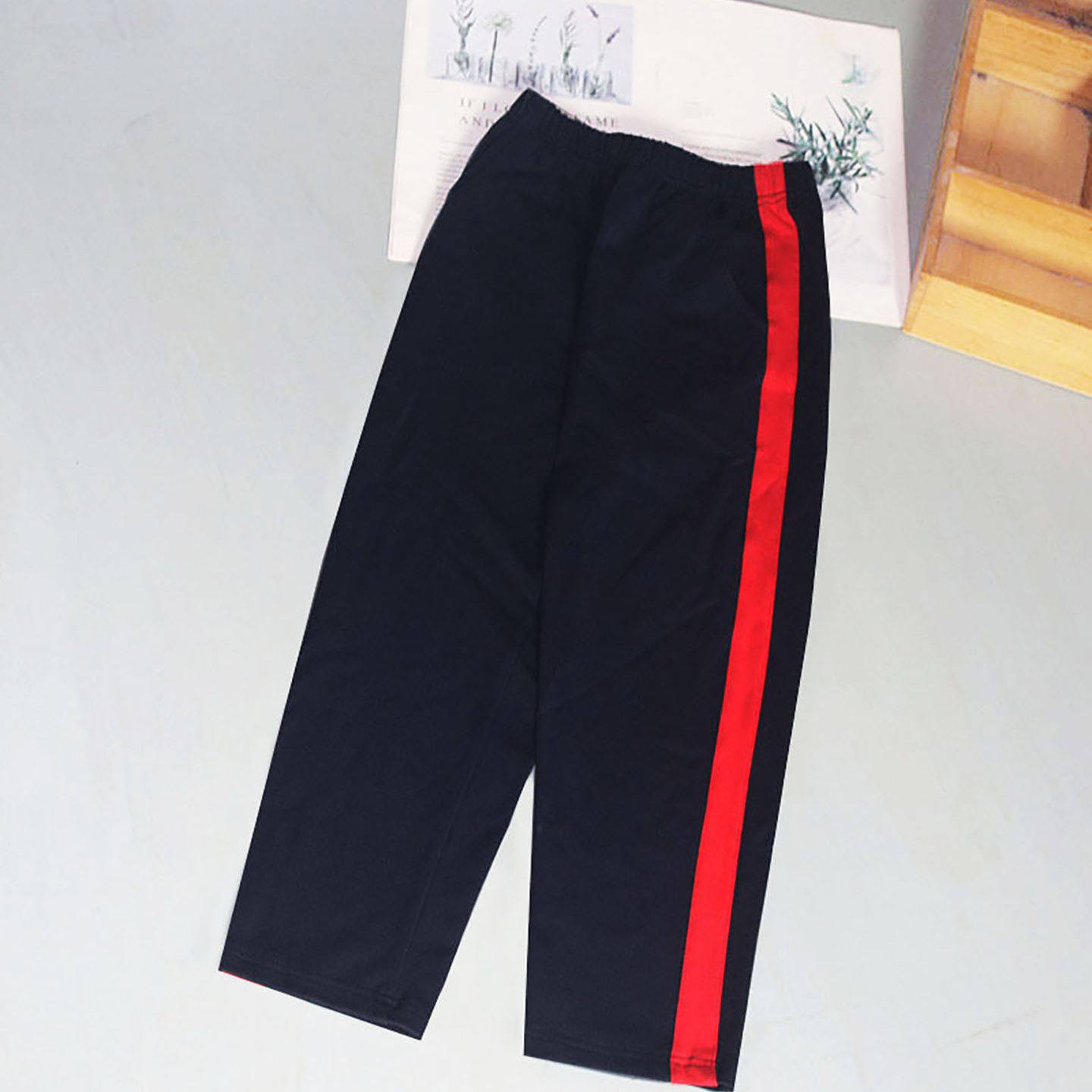 男女童藏青色纯棉夏款薄料中小学生幼儿园侧拼红条直筒运动校裤子