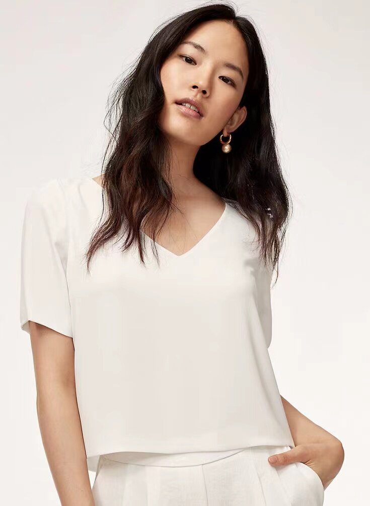 加拿大红牌 纯色V领百搭清凉短袖女款休闲上衣24041824