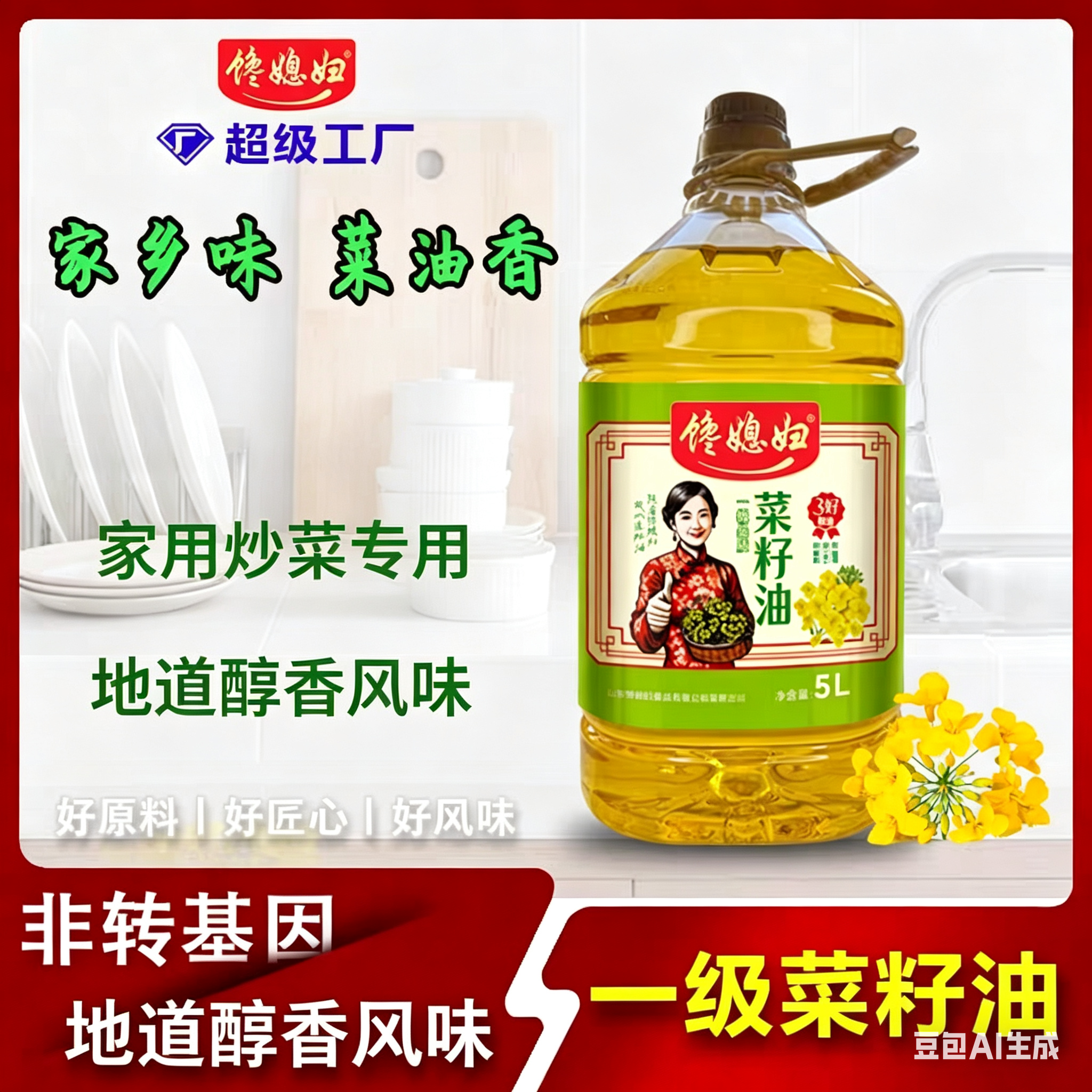 馋媳妇非转基因菜籽油5L一级压榨山东家用醇香鲜香烹饪地道食用油