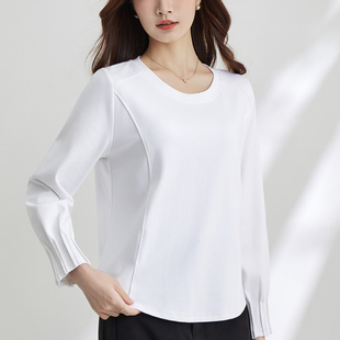 内搭显瘦上衣潮 宽松设计感正肩打底衫 白色圆领长袖 t恤女春秋新款