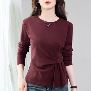 褶皱设计感纯棉长袖 收腰气质宽松显瘦遮肉上衣体恤 t恤女春秋新款