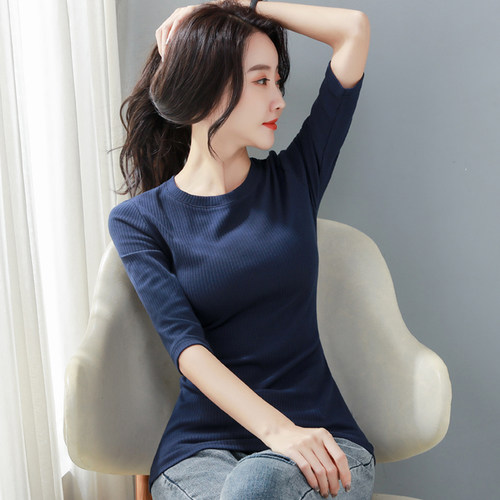 七分袖韩版螺纹纯棉女修身显瘦
