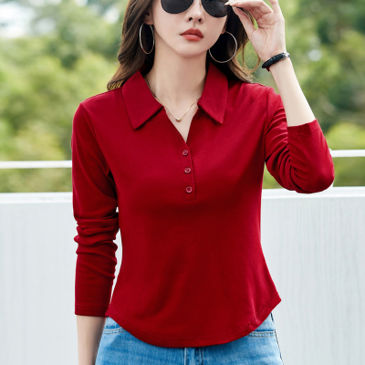 纯棉休闲polo领宽松显瘦长袖T恤女2025春秋新款爆款红色打底上衣