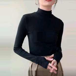德绒半高领打底衣女手套袖子加长t恤内搭加厚中领小衫一寸领汗衫