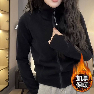 袖子加长拉链上衣女秋冬立领手套袖卫衣加绒加厚工作护手德绒外套