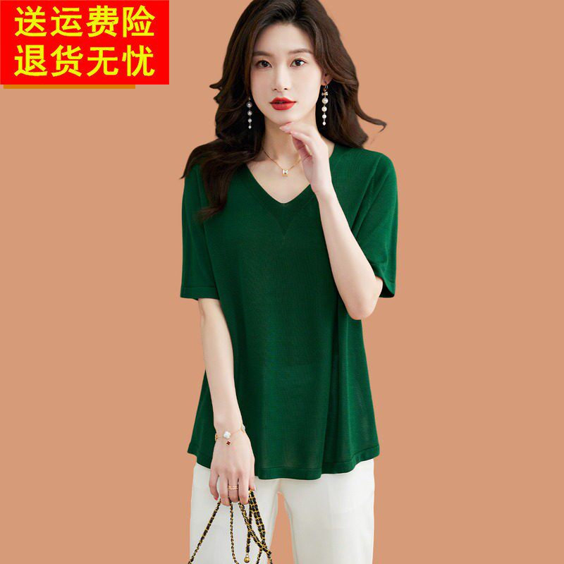 桑蚕丝短袖t恤女士2026新款夏薄款洋气遮肚子显瘦v领冰丝针织上衣