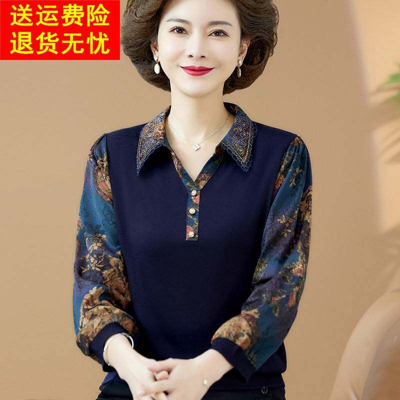 中老年人女装早秋长袖t恤中年妈妈衬衣翻领上衣大码2025秋装新款