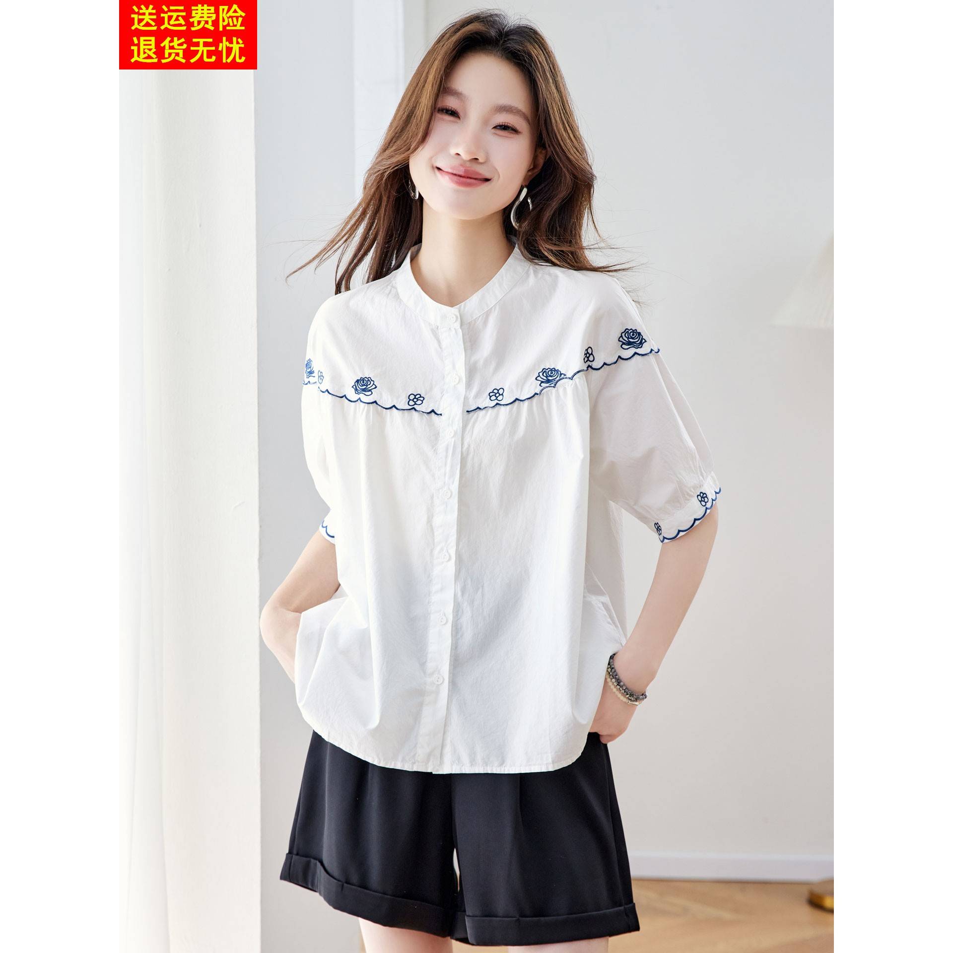 法式绣花纯棉短袖衬衫女夏设计感小众独特漂亮洋气减龄超好看上衣