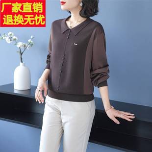 娃娃领桑蚕丝长袖T恤上衣女短款打底衫中老年妈妈装宽松大码女装