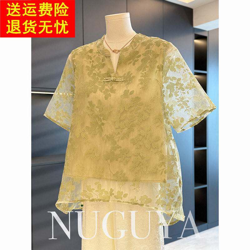 新中式国风妈妈装雪纺衬衫女短袖夏装新款上衣洋气百搭中老年衬衣