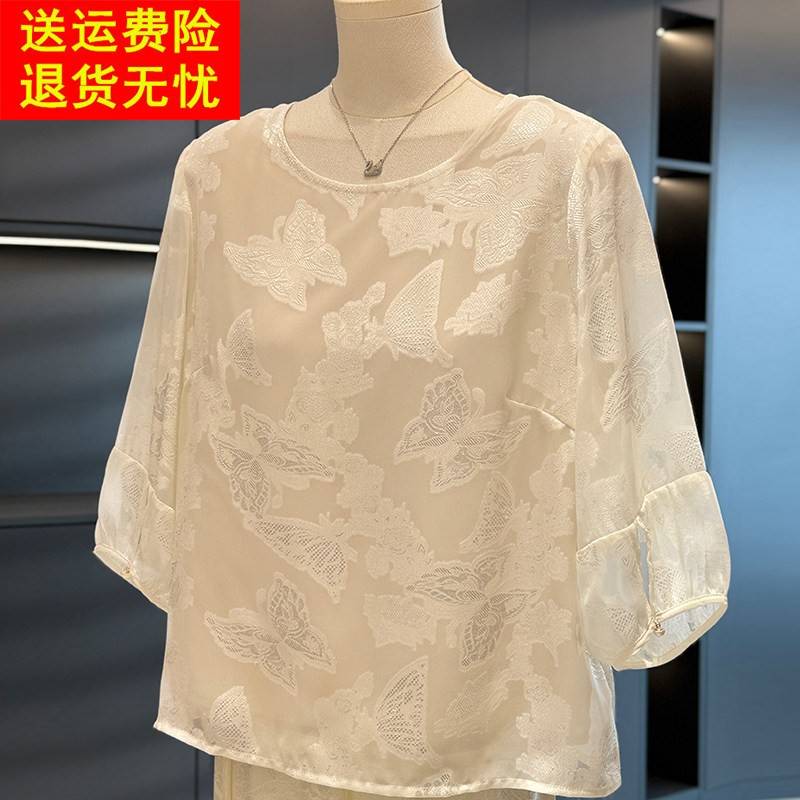 时尚中国风妈妈装七分袖雪纺衬衫女夏装新款上衣减龄洋派中年衬衫