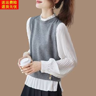 韩系拼接针织撞色假两件长袖衬衫女早秋宽松木耳边领复古气质上衣