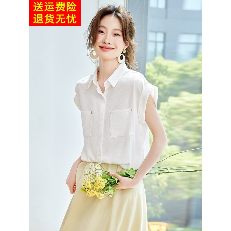 短袖蓝色衬衫女夏季2025新款纯棉薄衬衣设计感小众法式飞飞袖上衣